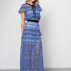 Self-Portrait Guipure-Lace Midi Dress~Blue~Short Sleeve Tear Drop US 10 / UK14